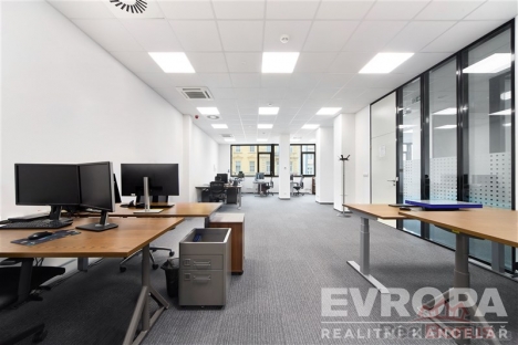 Komer�n� kancel��sk� prostor s modern�m designem, sklen�n� p���ky, koberce a velk�mi okny, ide�ln� pro flexibiln� pracovn� prost�ed�.