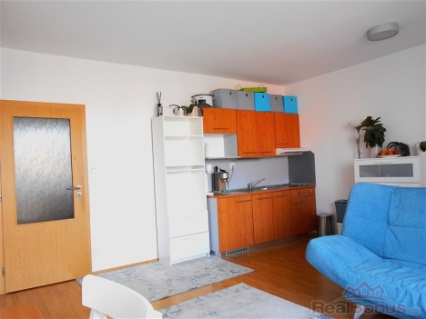 Sv�tl� ob�vac� pokoj s parketovou podlahou, vestav�nou kuchy�skou linkou v d�ev�n�m designu a modern�m n�bytkem, ide�ln� pro �tuln� bydlen�.