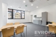 Kuchy�sk� kout s modern�mi spot�ebi�i a vestav�nou linkou, velk� okna poskytuj�c� dostatek sv�tla, koberec na podlaze, sv�tl� interi�r.